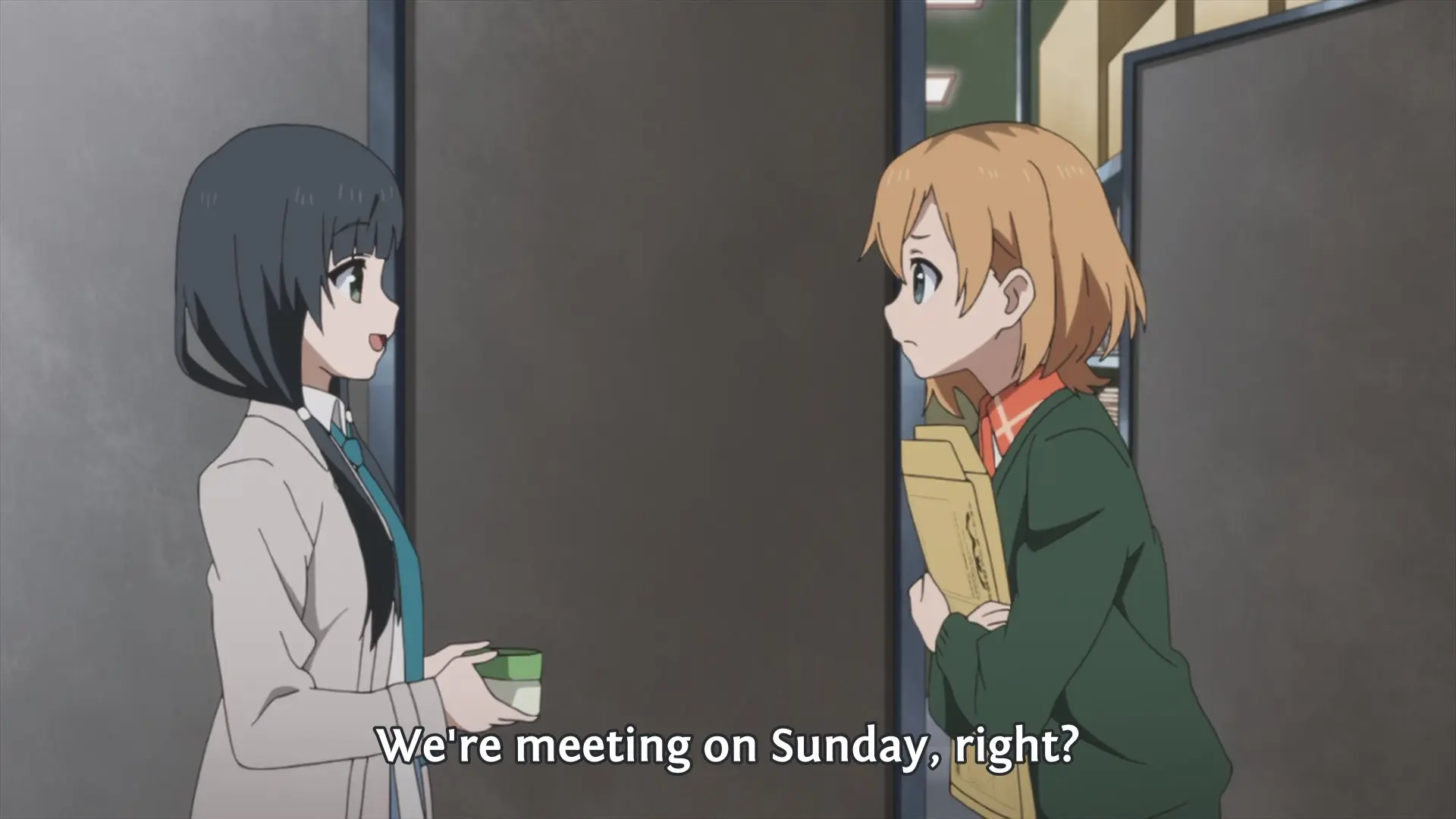 Ema: "We're meeting on Sunday, right?" (Note: the subtitles do not include this, but Ema does say 【あした】 (ashita), meaning tomorrow.)