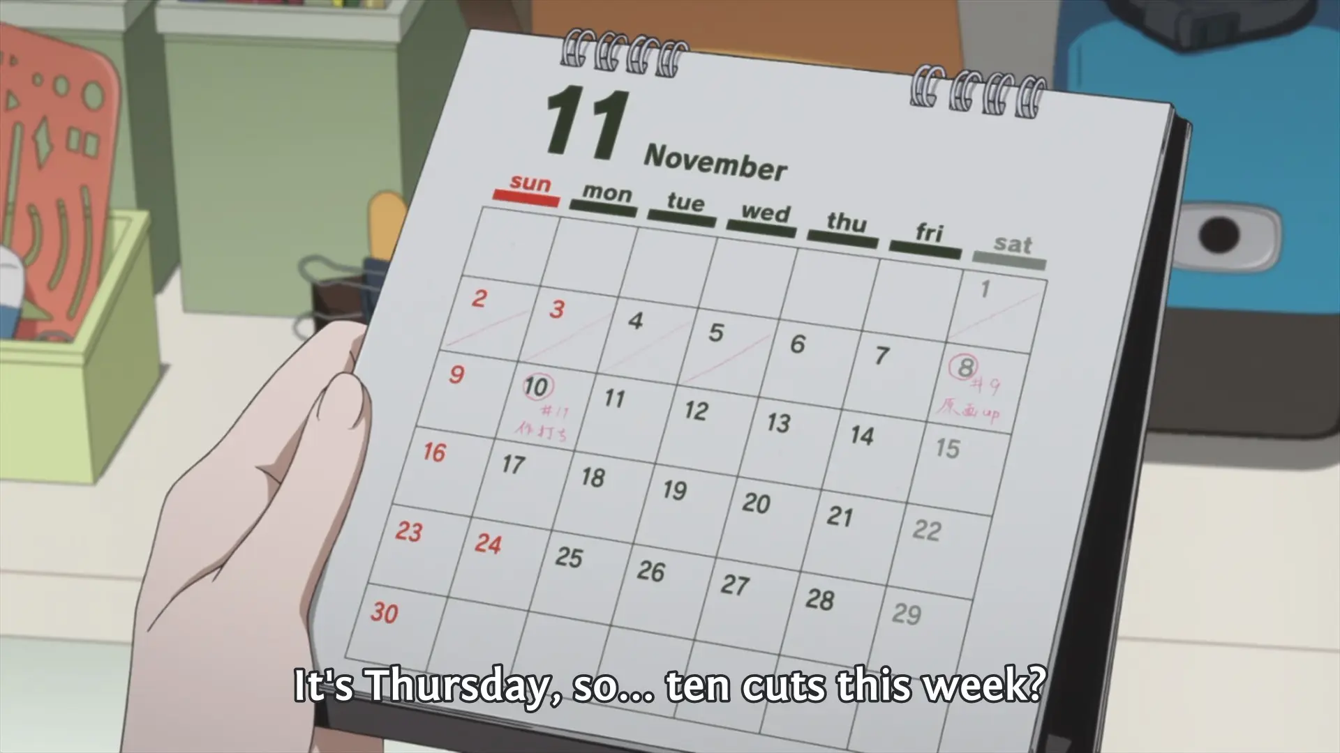 Ema's calendar. All dates before the 6th are crossed out. She even says that it is Thursday.