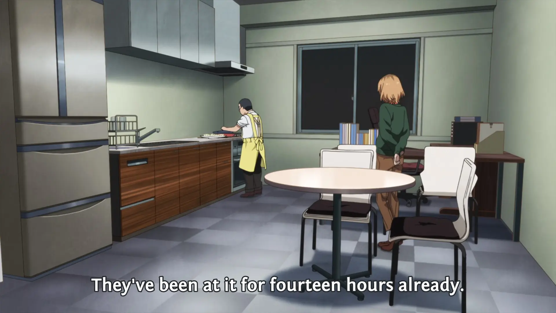 Aoi: "They've been at it for fourteen hours already."