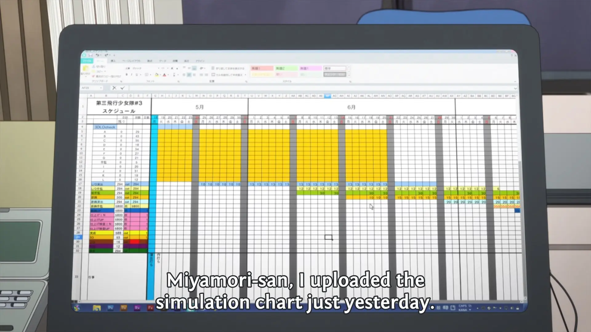 Satou's simulation chart. May 18 is highlighted. Satou: "Miyamori-san, I uploaded the simulation chart just yesterday."