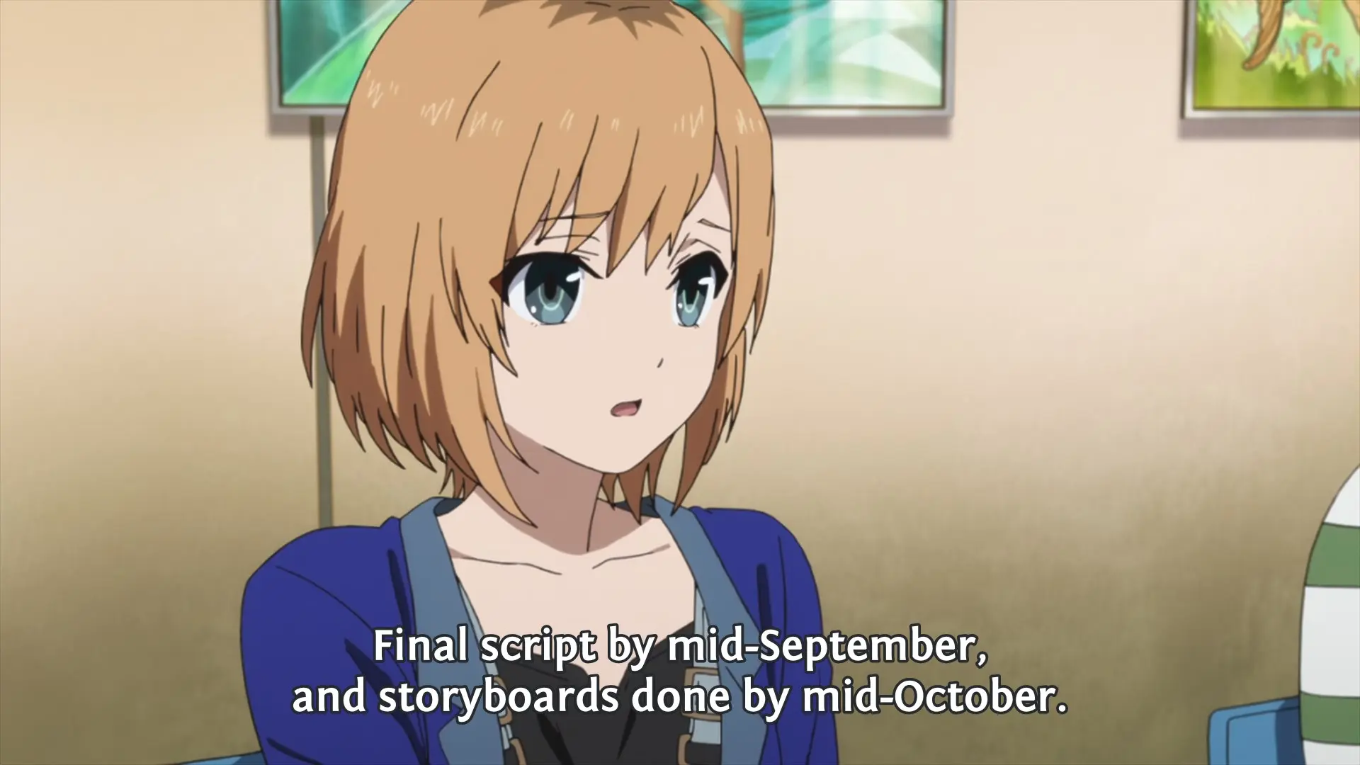 Aoi (about the final episode): "Final script by mid-September, and storyboards done by mid-October."