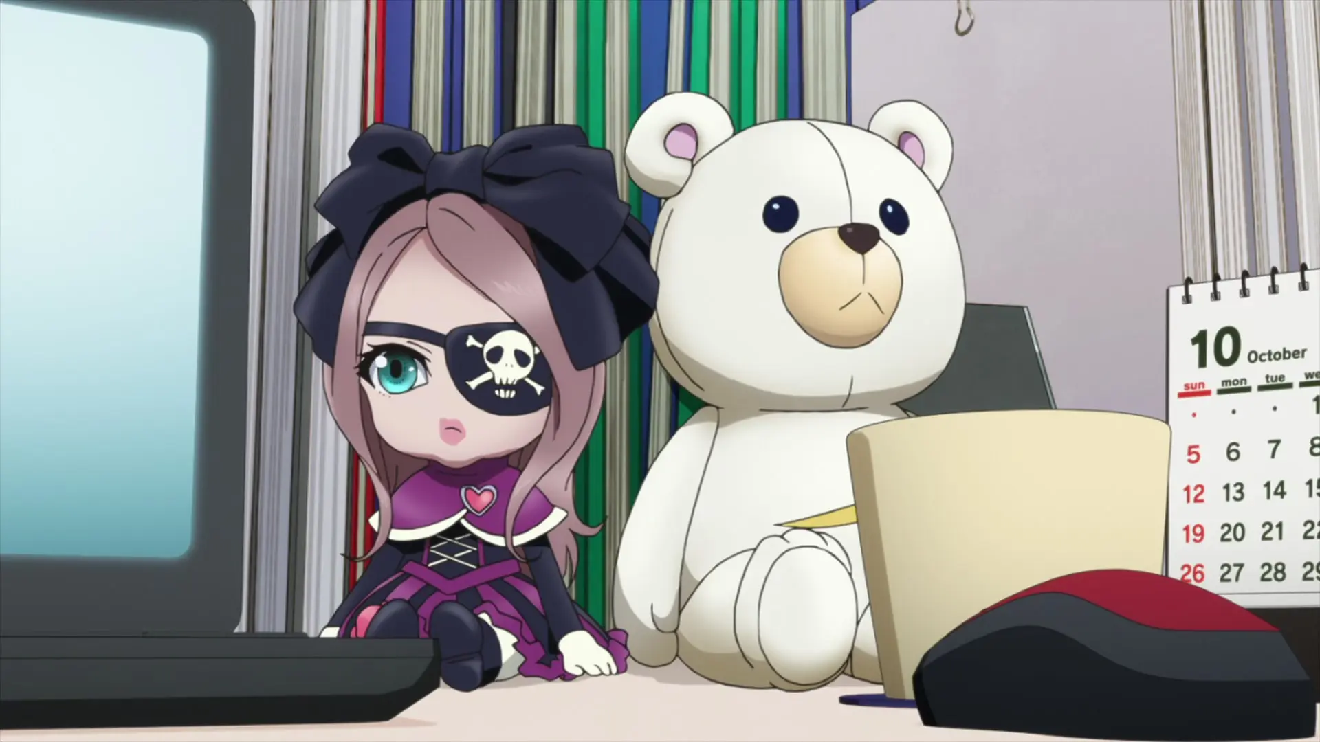 [Episode 1] The calendar on Aoi's desk shows October, including the 8th being a Wednesday.